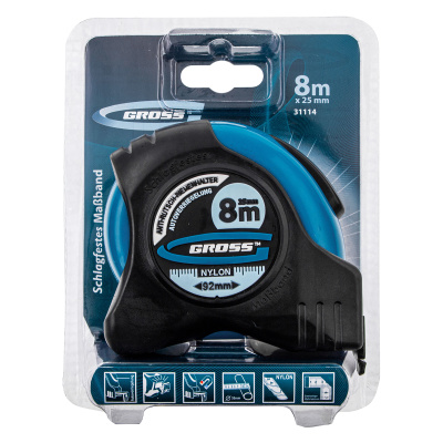 Рулетка "Schlagfest",8 м x 25 мм,магнитный обрезиненный зацеп,двусторонняя шкала,Нейлоновое покрытие,автоматическая фиксация Gross по ценам производителя в Краснодаре с доставкой по всей России