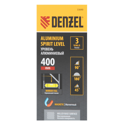 Уровень алюминиевый, магнит., фрезерованный, 3 глазка (1 зеркал.) 0,5 мм/м, 400 мм Denzel по ценам производителя в Краснодаре с доставкой по всей России