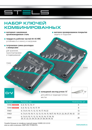 Набор ключей комбинированных 6-17 мм, 6 шт., CrV, матовый хром Stels по ценам производителя в Краснодаре с доставкой по всей России