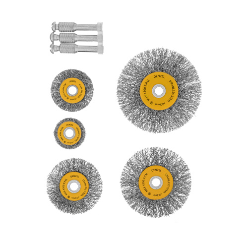 Набор щеток для дрели, 5 Плоских 25-38-50-63-75 мм, шпилька, нерж. вит. проволока Denzel по ценам производителя в Краснодаре с доставкой по всей России