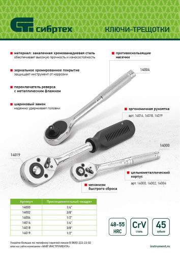 Ключ-трещотка 1/2", 45 зубьев, с быстрым сбросом, CrV, хром Сибртех по ценам производителя в Краснодаре с доставкой по всей России